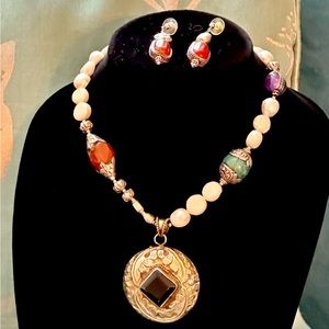 Beautiful Sterling necklace/earring w/ Carnelian, malachite, onyx, Amethyst Gems
